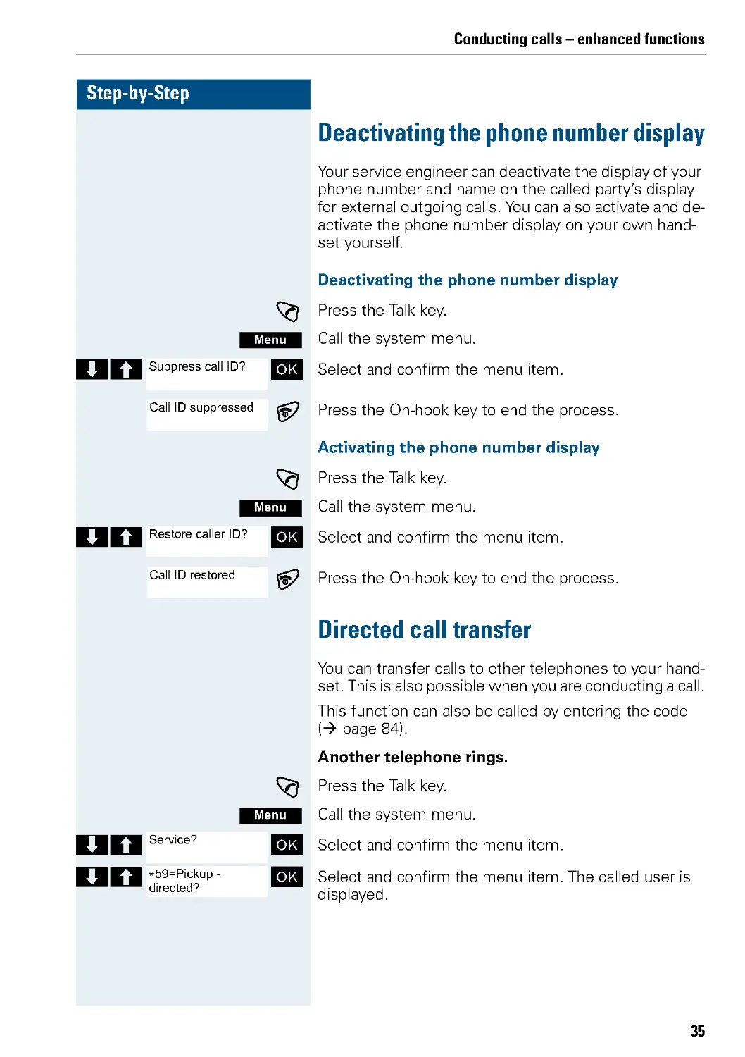 Deactivating the phone number display
Directed call transfer