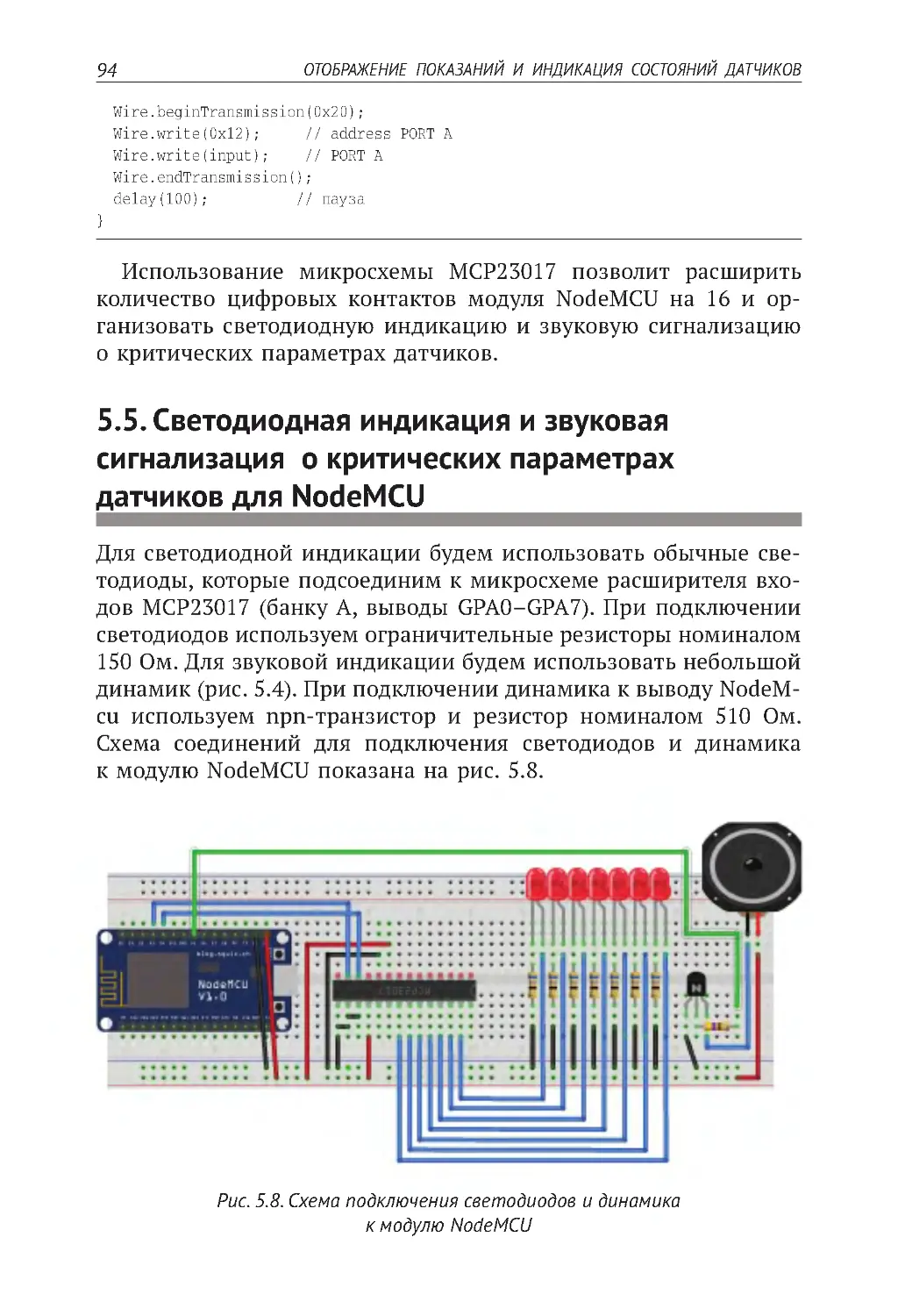 5.5. Светодиодная индикация и звуковая сигнализация  о критических параметрах датчиков для NodeMCU