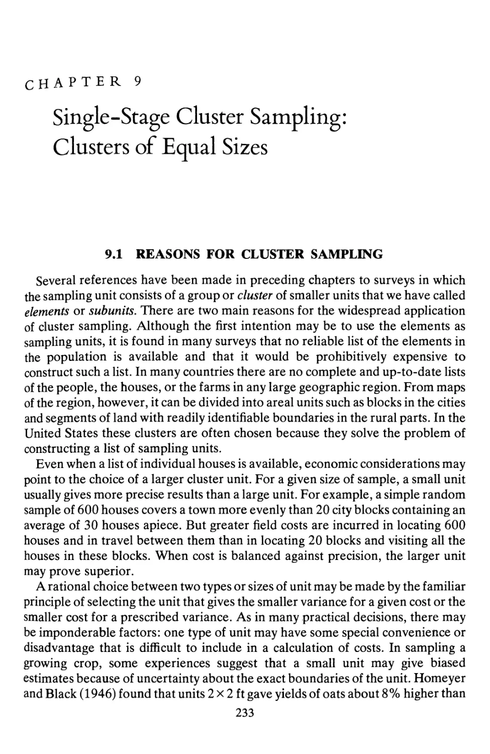 9 Single-Stage Cluster Sampling: Clusters of Equal Sizes