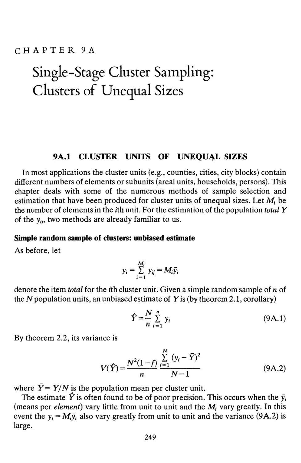 9A Single-Stage Cluster Sampling: Clusters of Unequal Sizes