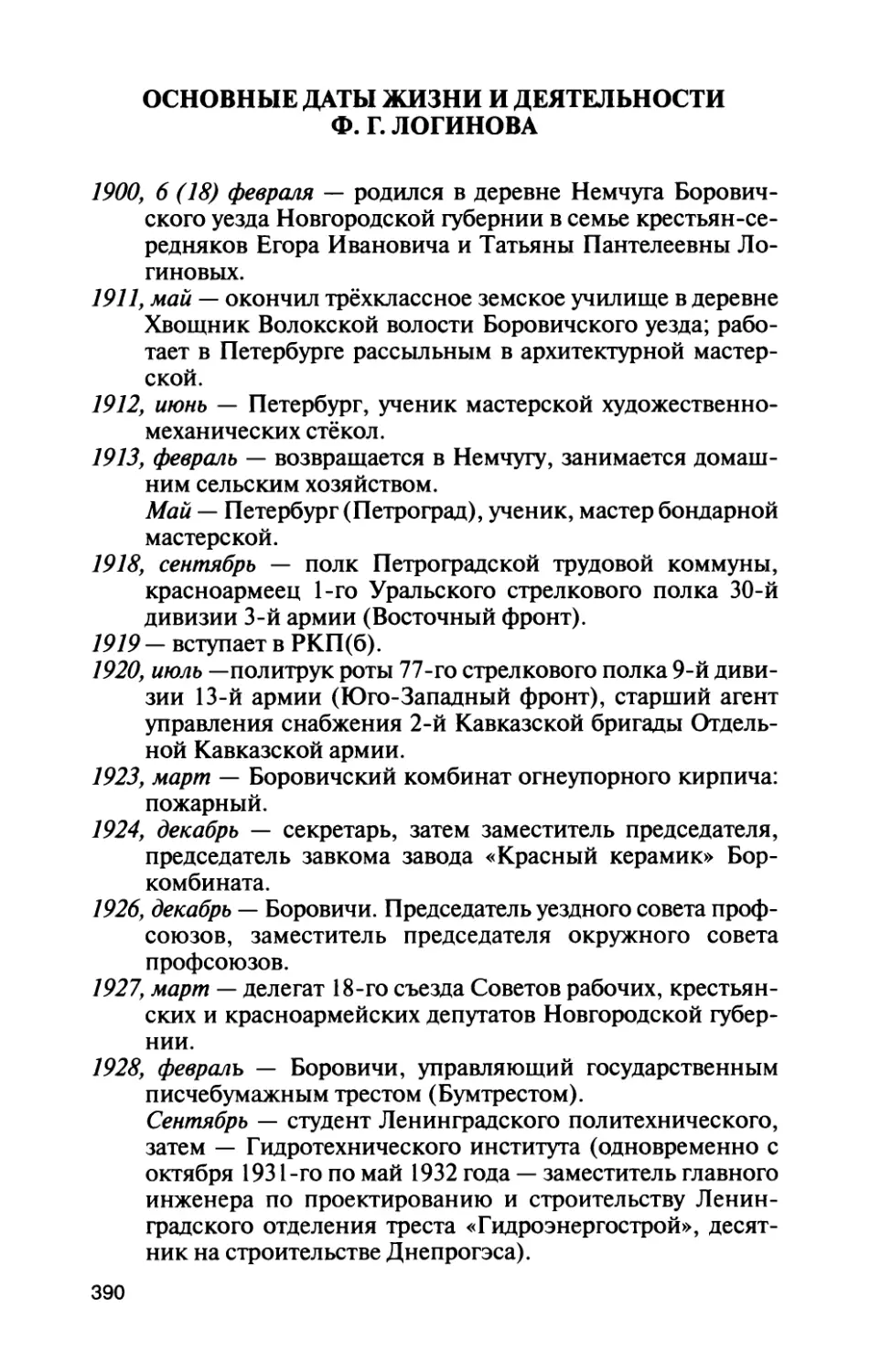 Основные даты жизни и деятельности Ф. Г. Логинова