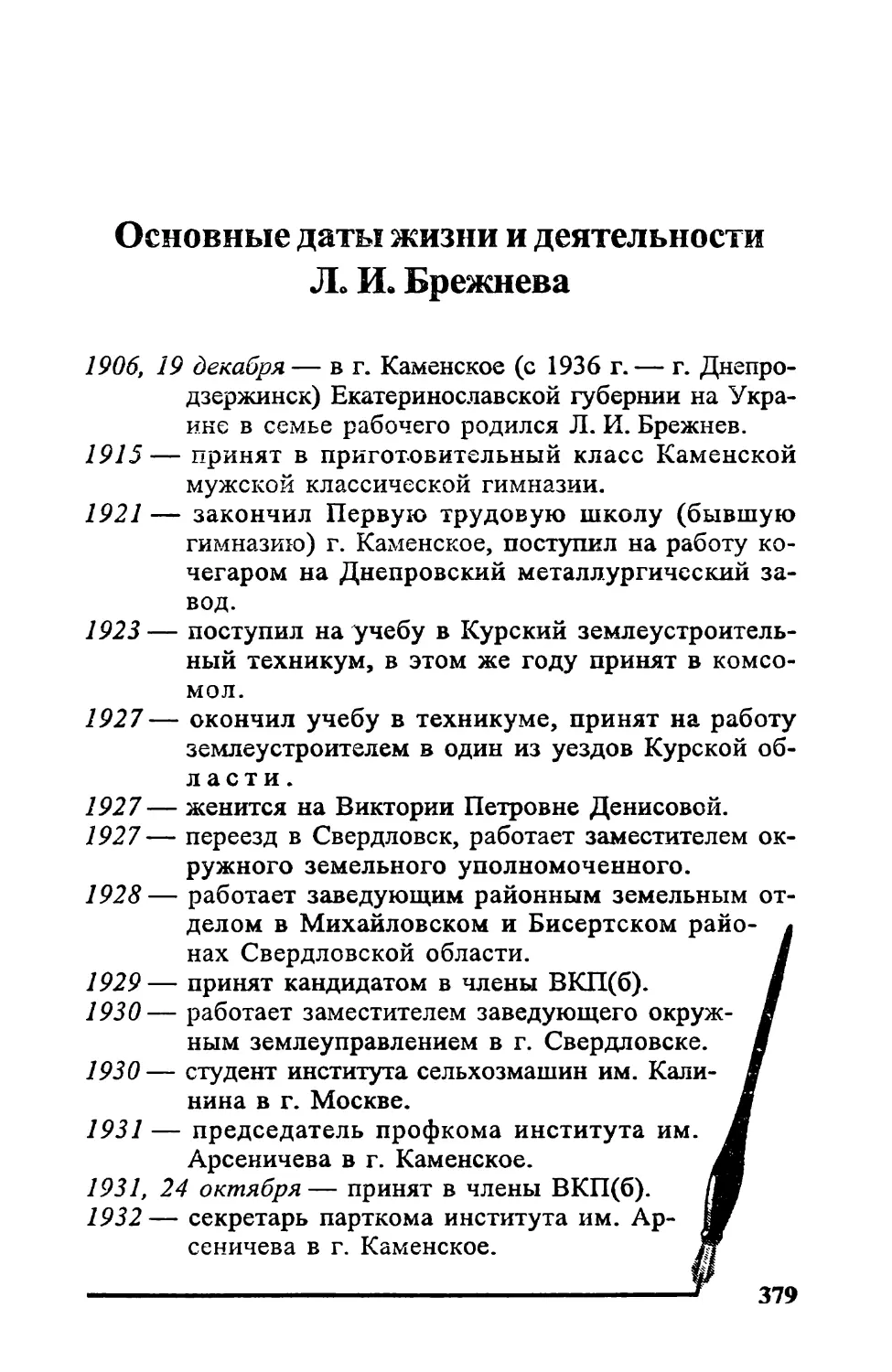 Основные даты жизни и деятельности Л. И. Брежнева