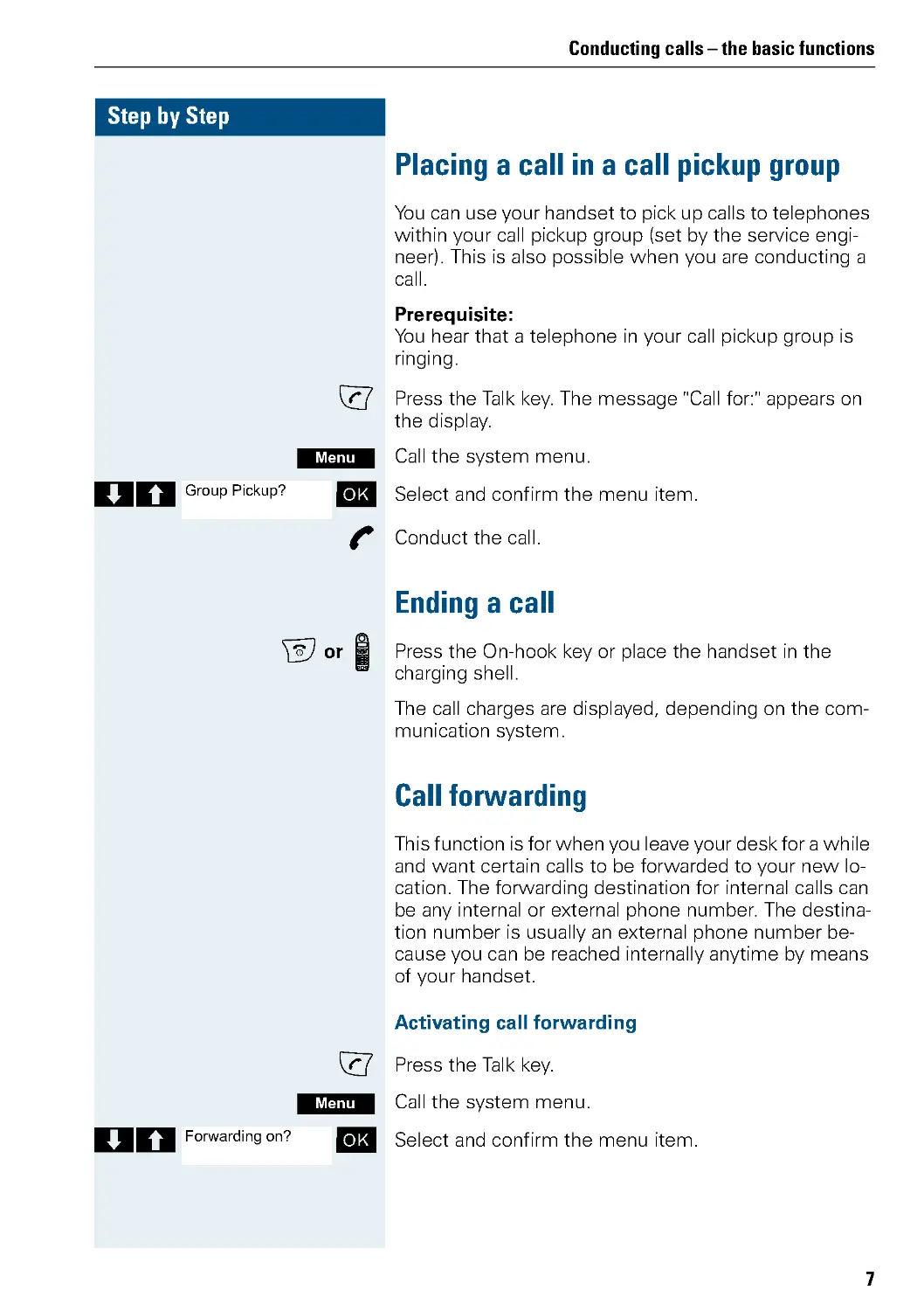 Placing a call in a call pickup group
Ending a call
Call forwarding