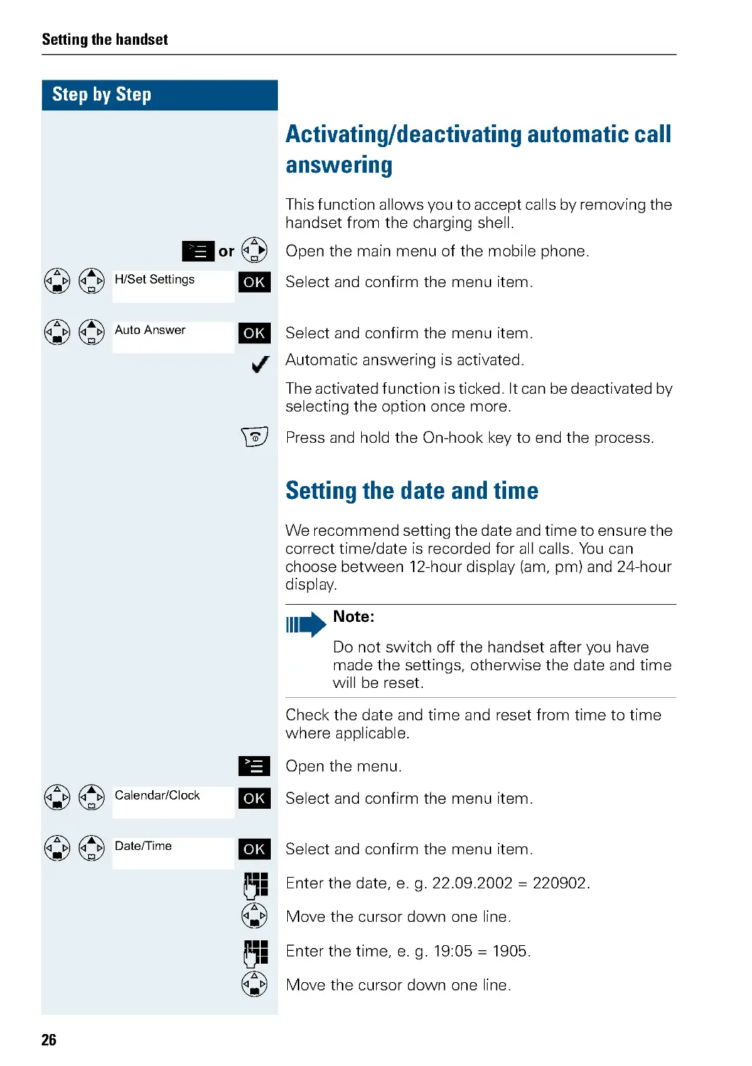 Activating/deactivating automatic call answering
Setting the date and time