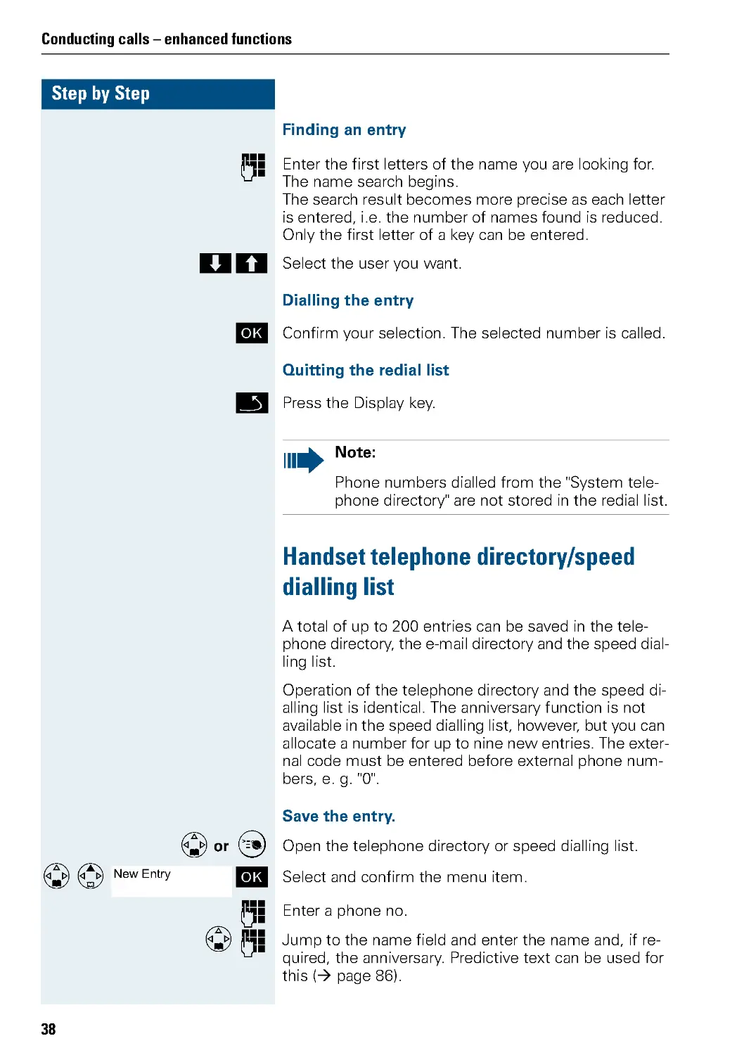 Handset telephone directory/speed dialling list