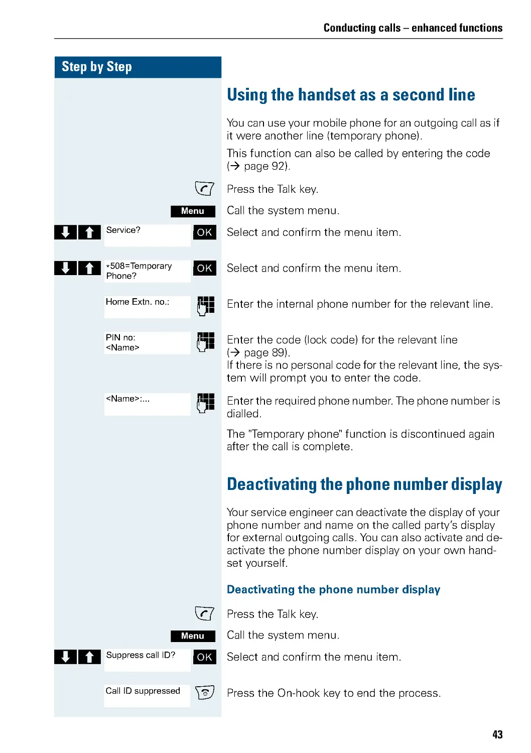 Using the handset as a second line
Deactivating the phone number display