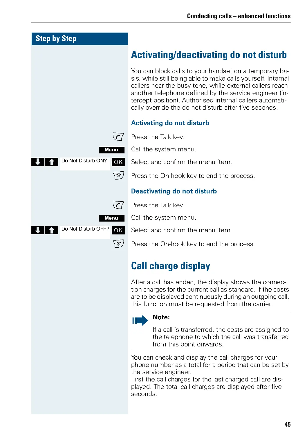 Activating/deactivating do not disturb
Call charge display