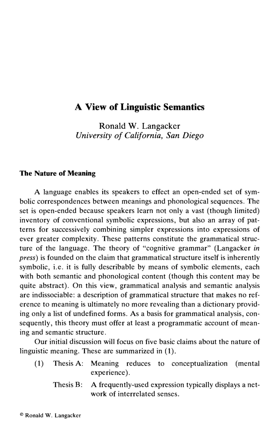 A View of Linguistic Semantics