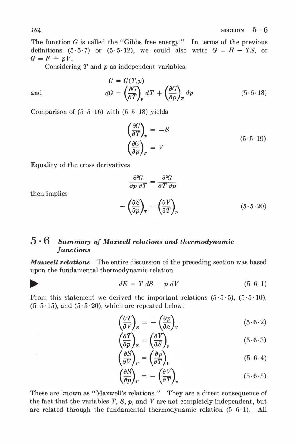 5.6 Summary of Maxwell relations and thermodynamic functions