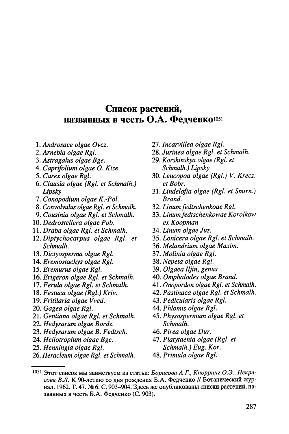 Список растений, названных в честь О.А. Федченко