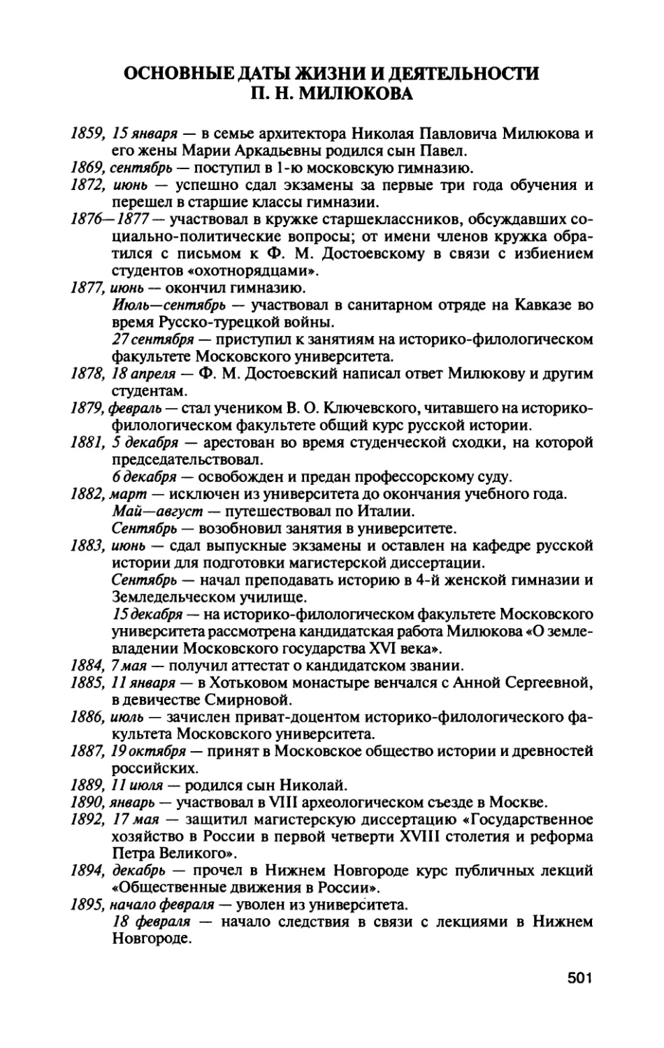 Основные даты жизни и деятельности П. Н. Милюкова