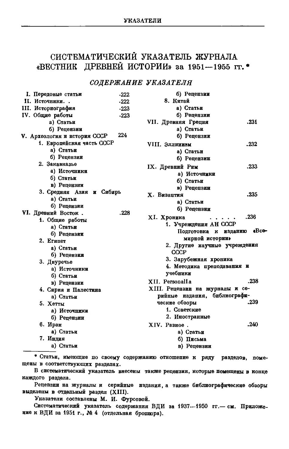 Систематический указатель журнала «Вестник древней истории» за 1951—1955 гг.