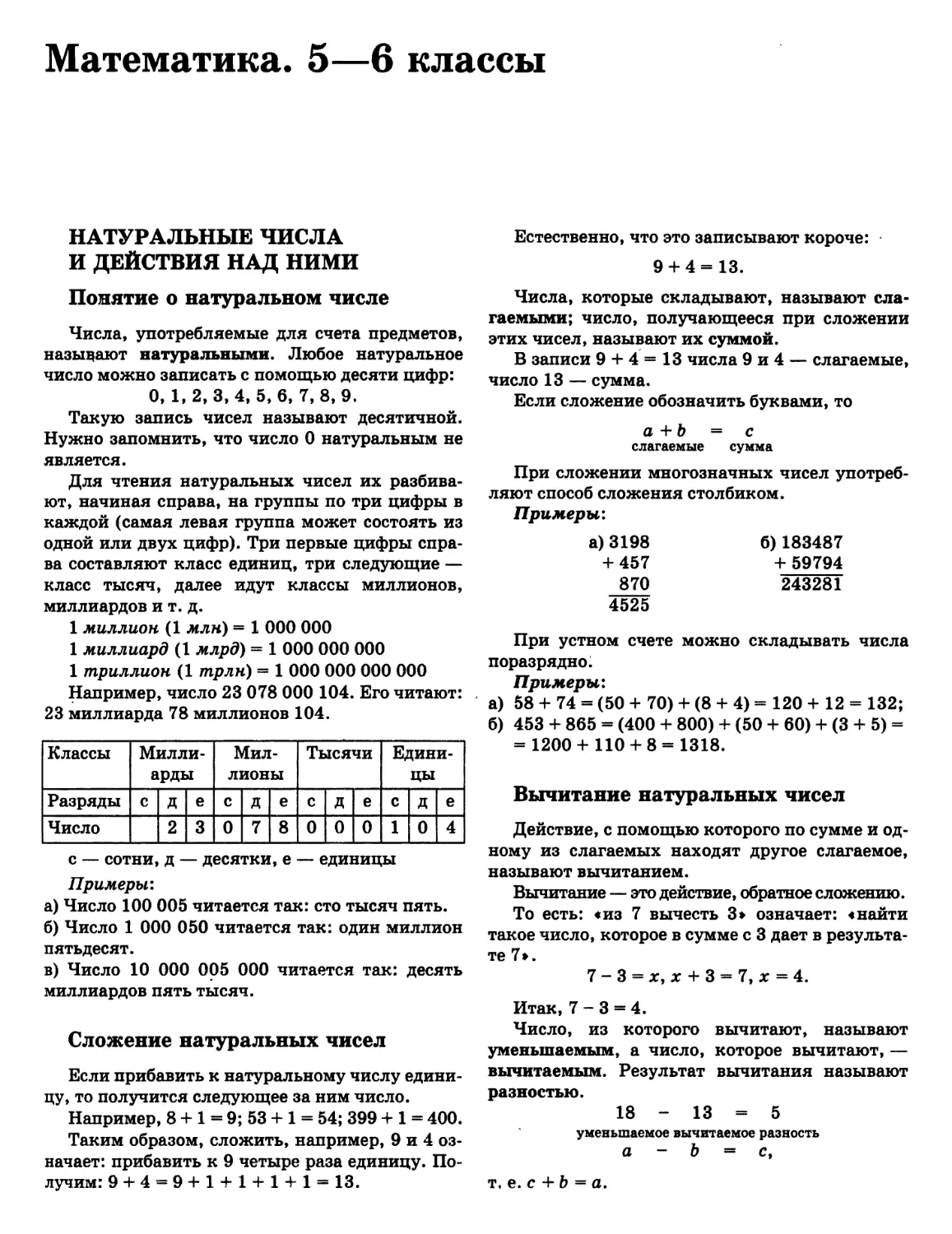 Вычитание натуральных чисел
Натуральные числа
Сложение натуральных чисел