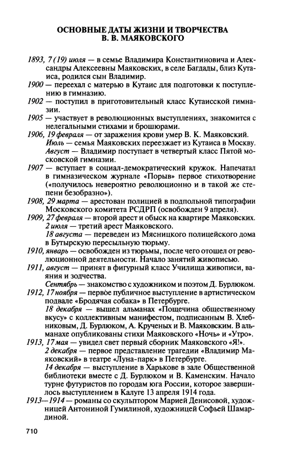Основные даты жизни и творчества В. В. Маяковского
