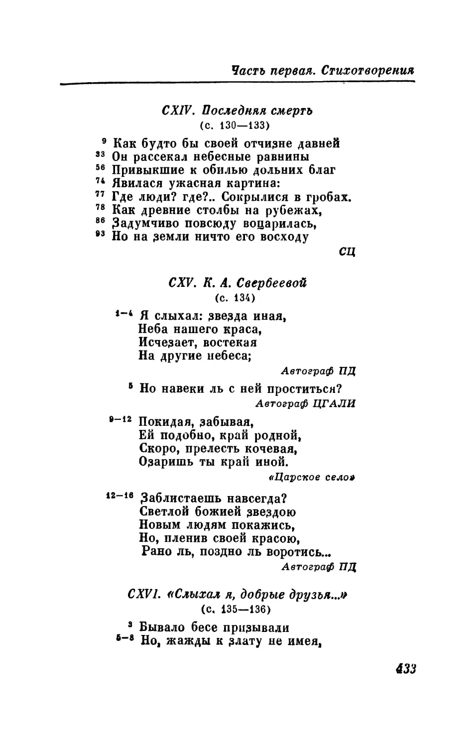 СХIV. Последняя смерть
CXV. К. А. Свербеевой
CXVI. «Слыхал я, добрые друзья...»