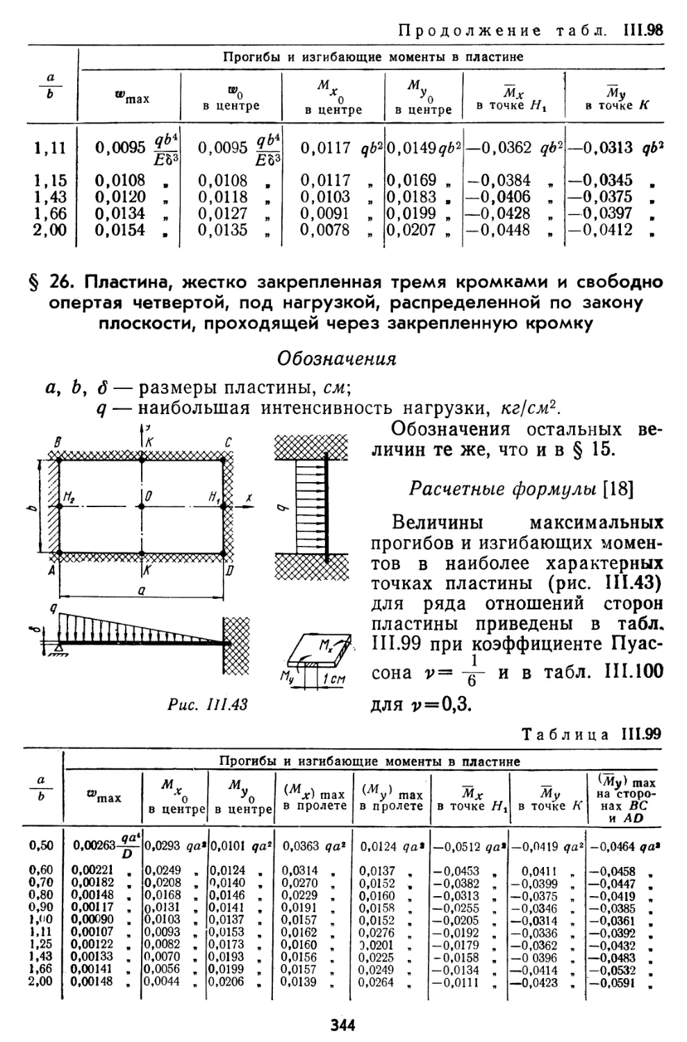 § 26. Пластина, жестко закрепленная тремя кромками и свободно опертая четвертой, под нагрузкой, распределенной по закону плоскости, проходящей через закрепленную кромку