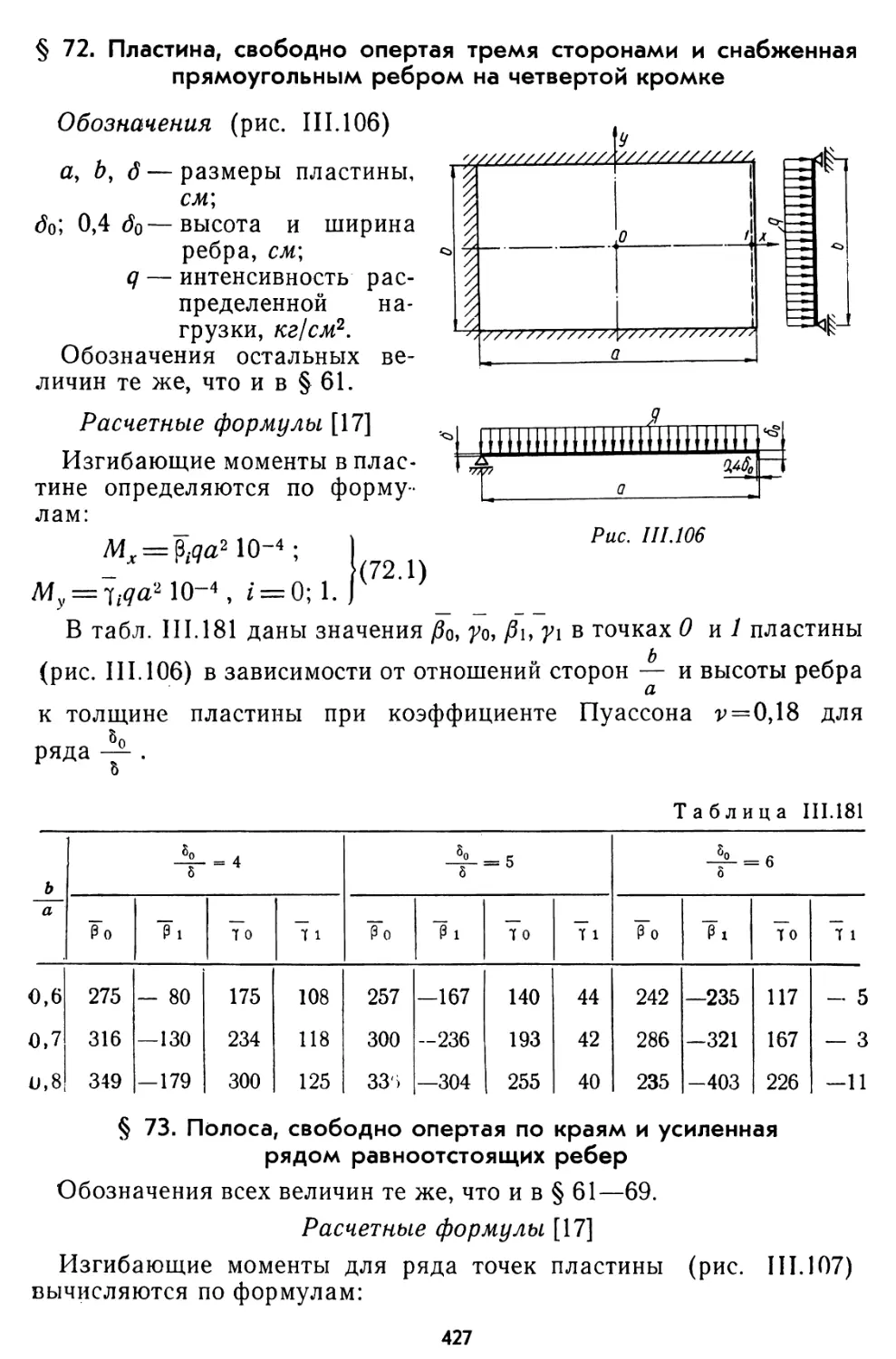 § 72. Пластина, свободно опертая тремя сторонами и снабженная прямоугольным ребром на четвертой кромке
§ 73. Полоса, свободно опертая по краям и усиленная рядом равноотстоящих ребер