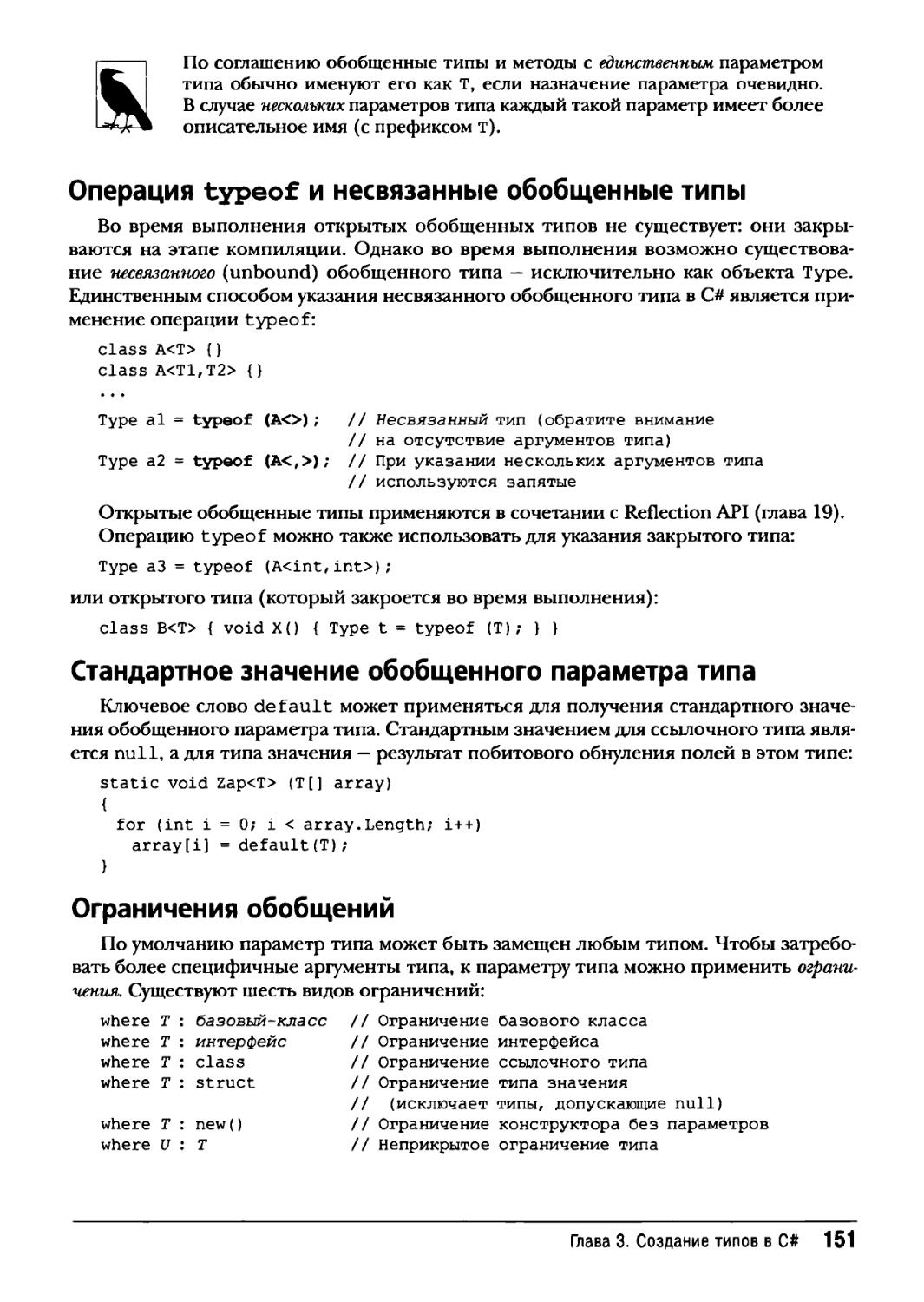 Операция typeof и несвязанные обобщенные типы
Стандартное значение обобщенного параметра типа
Ограничения обобщений