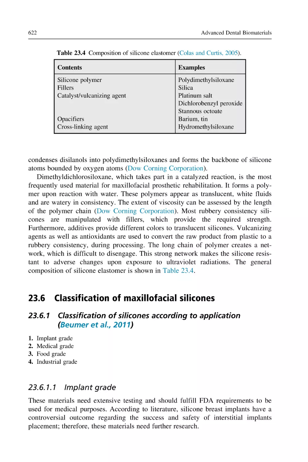 23.6 Classification of maxillofacial silicones
23.6.1 Classification of silicones according to application (Beumer et al., 2011)
23.6.1.1 Implant grade