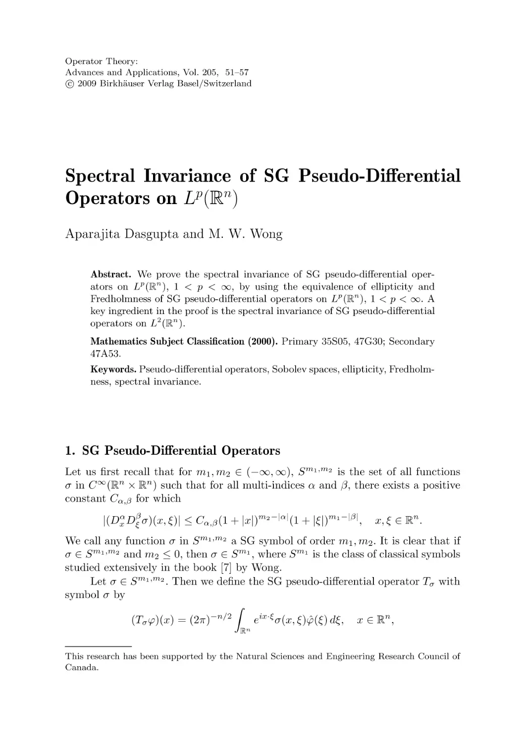 Spectral Invariance of SG Pseudo-Differential Operators on Lp(Rn)
1. SG Pseudo-Differential Operators