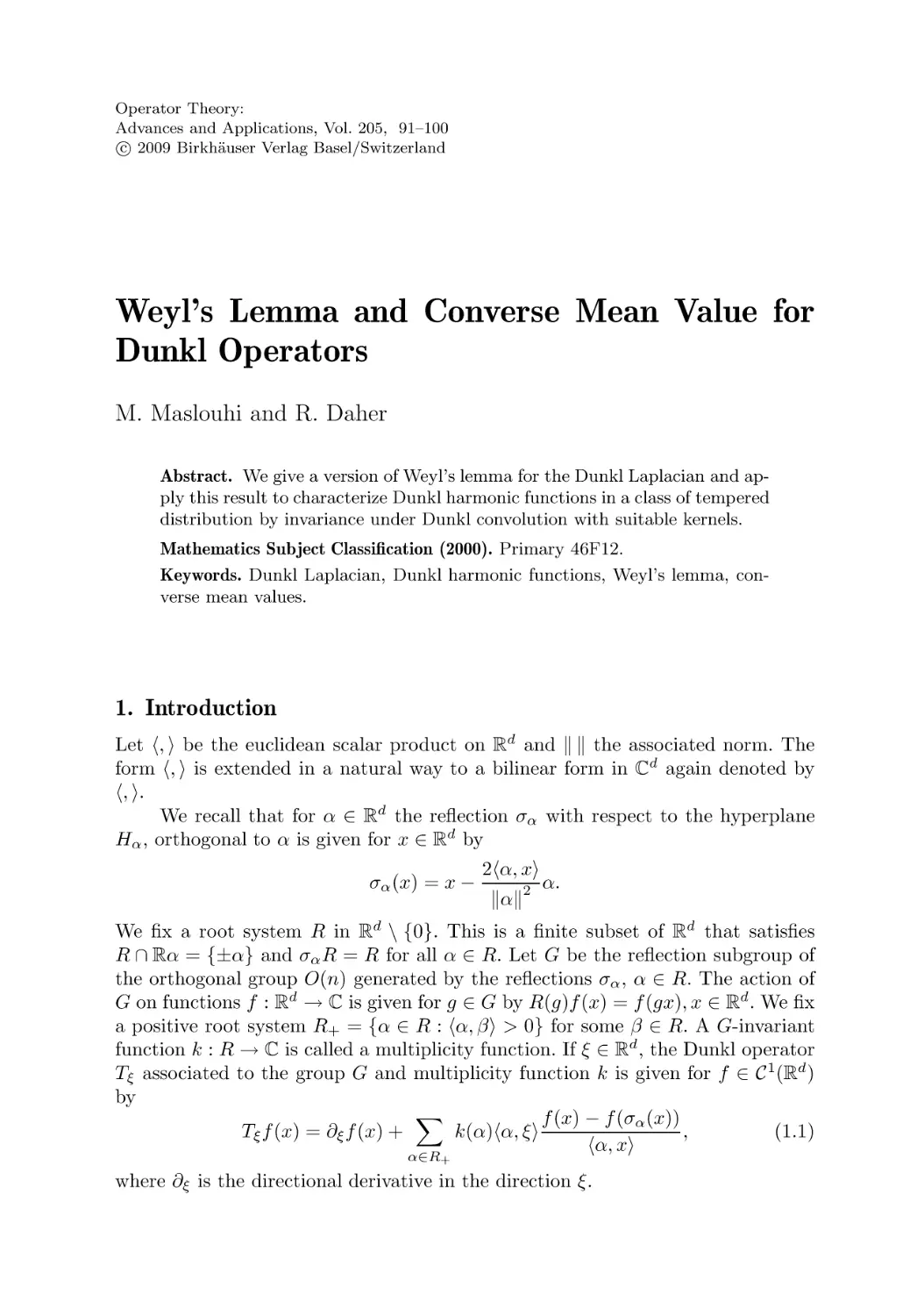 Weyl’s Lemma and Converse Mean Value for 
Dunkl Operators
1. Introduction