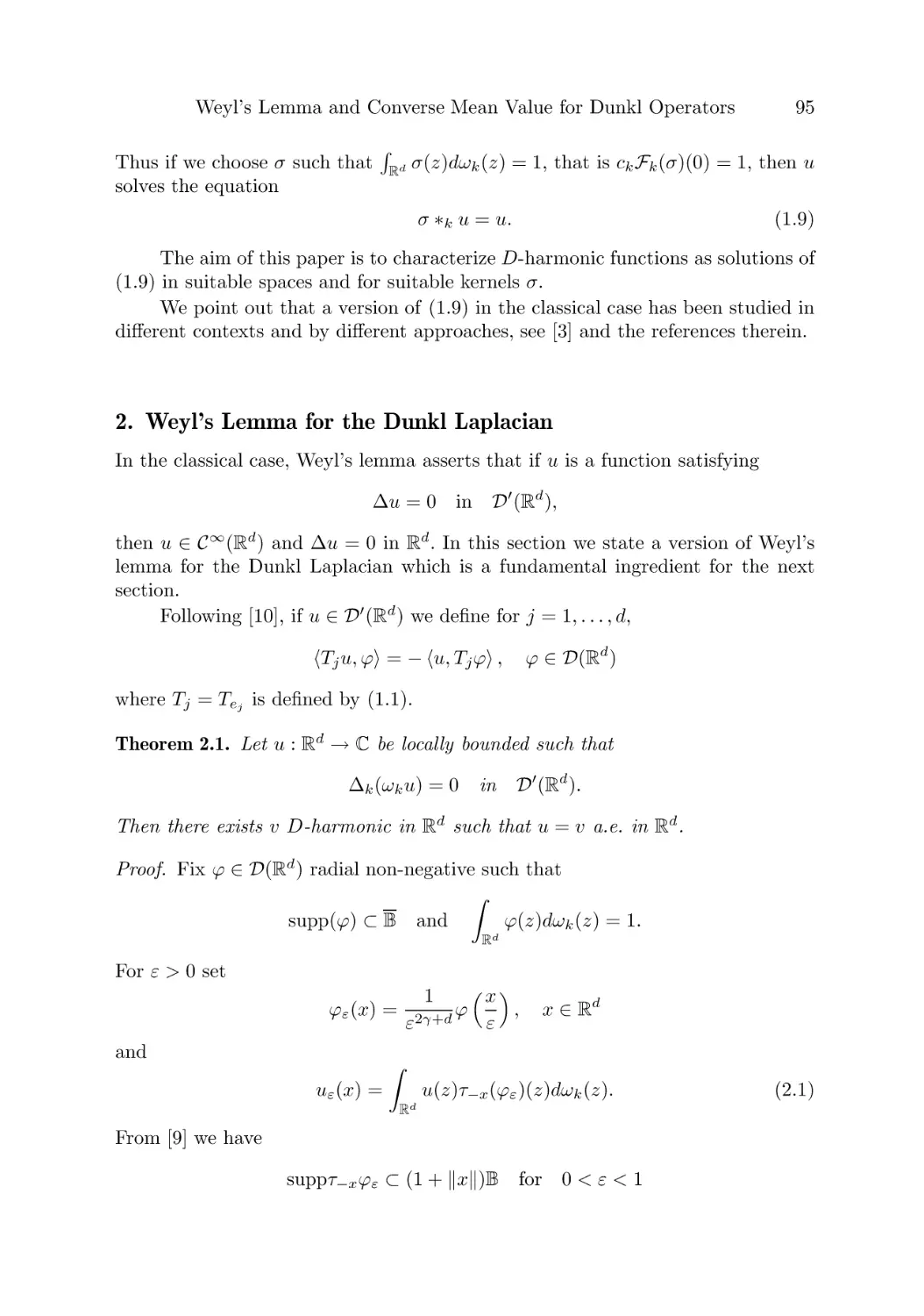 2. Weyl’s Lemma for the Dunkl Laplacian