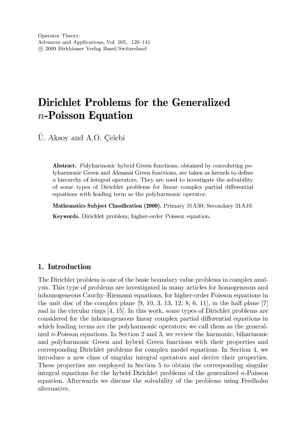 Dirichlet Problems for the Generalized 
n-Poisson Equation
1. Introduction