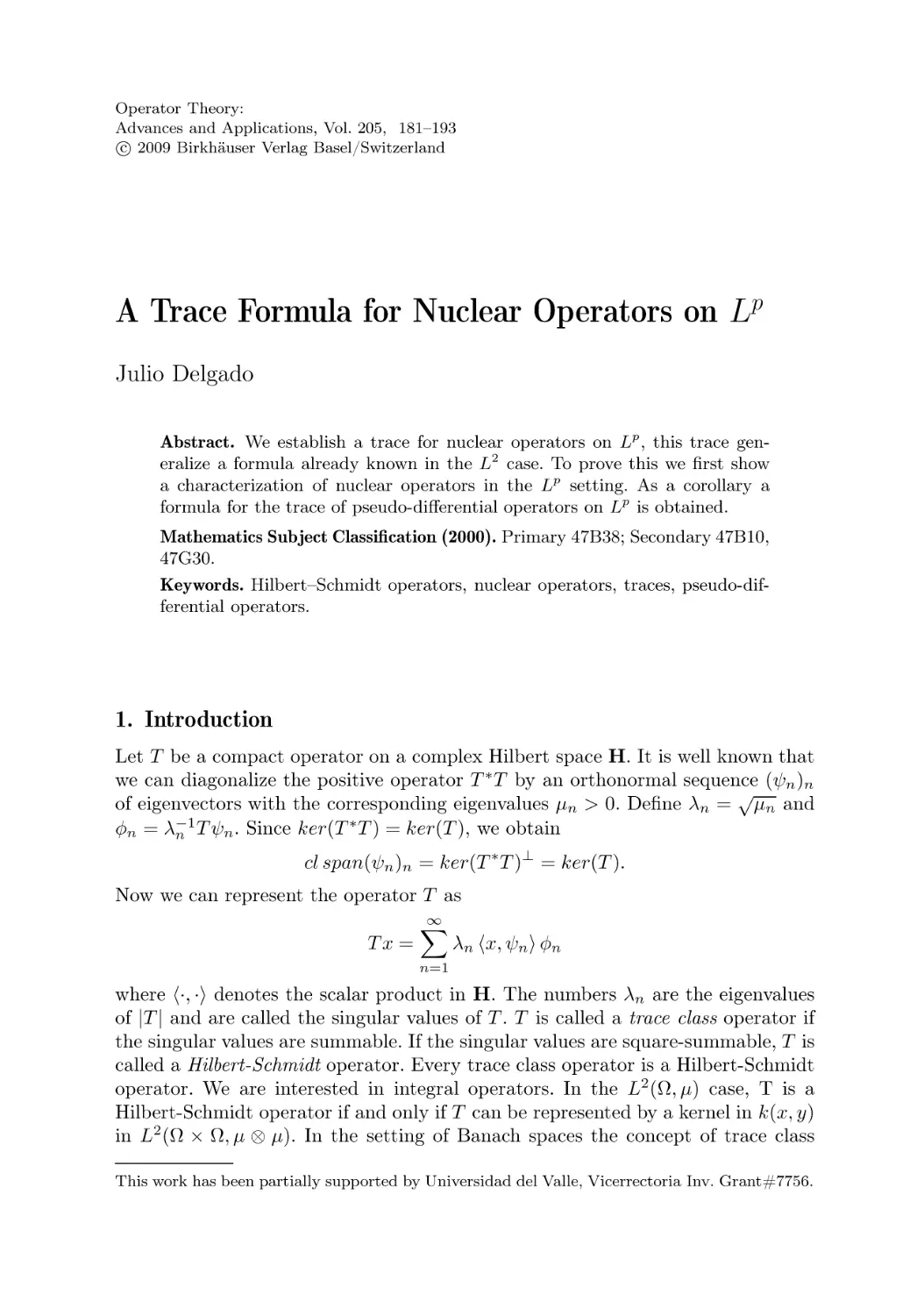 A Trace Formula for Nuclear Operators on Lp
1. Introduction