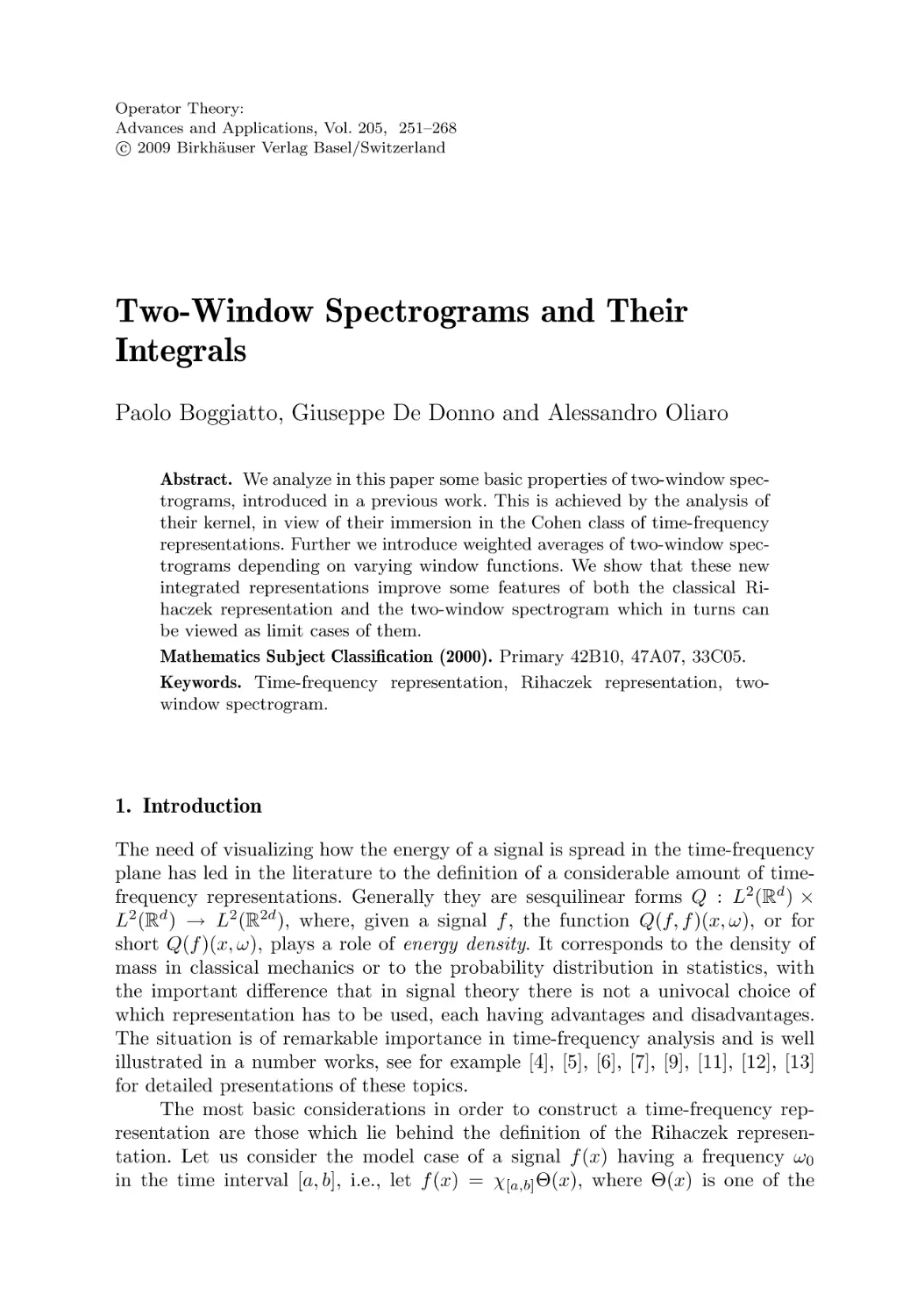 Two-Window Spectrograms and Their 
Integrals
1. Introduction