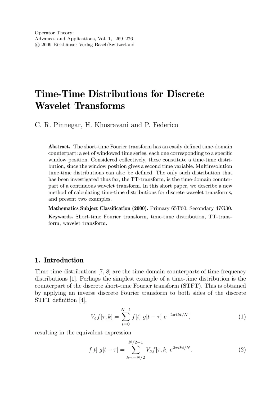 Time-Time Distributions for Discrete Wavelet Transforms
1. Introduction