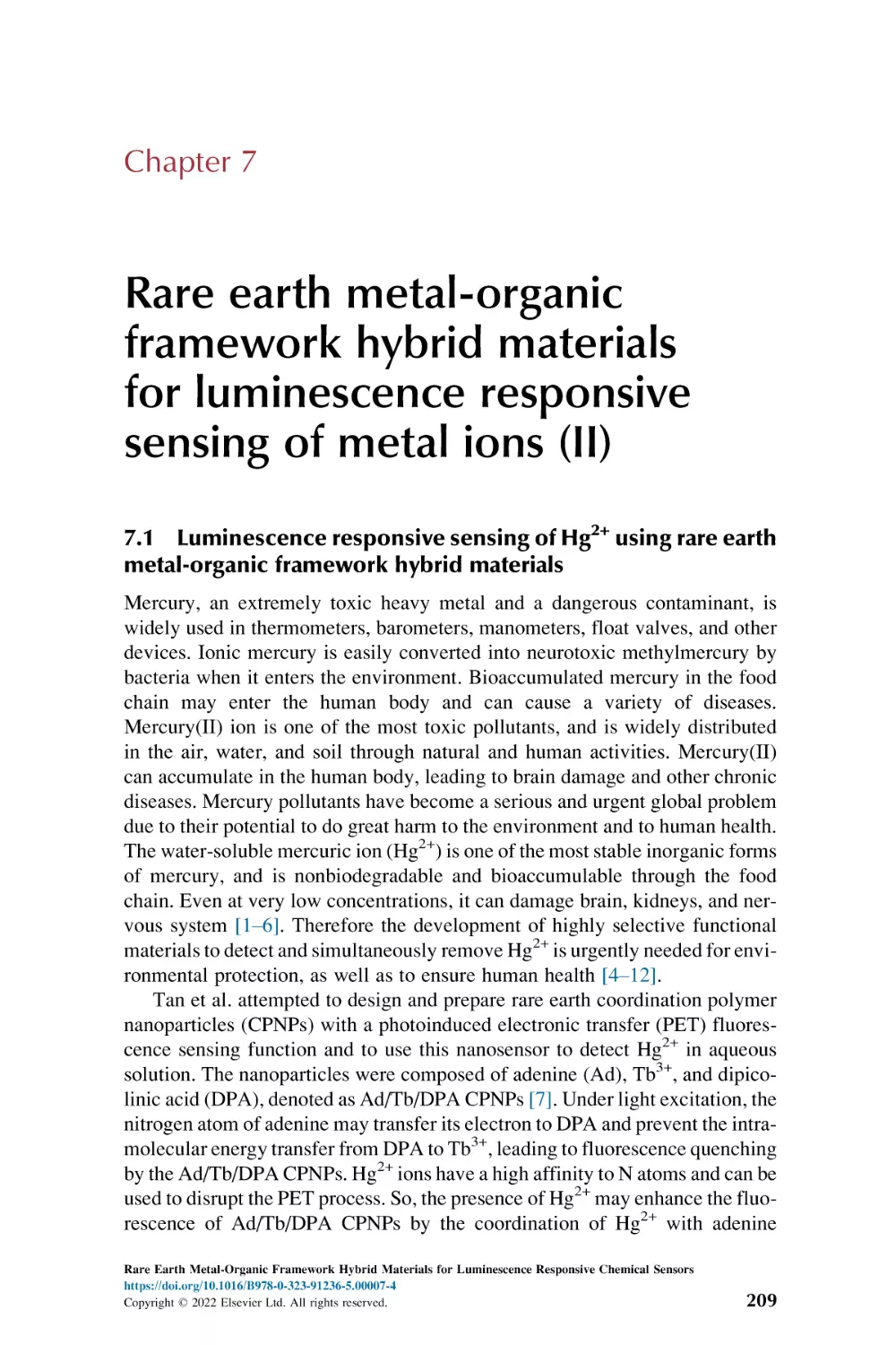 Chapter 7
7.1. Luminescence responsive sensing of Hg2+ using rare earth metal-organic framework hybrid materials
