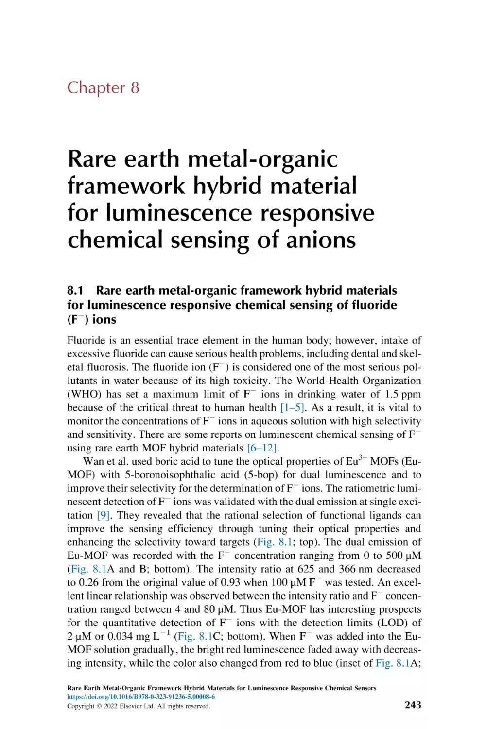 Chapter 8
8.1. Rare earth metal-organic framework hybrid materials for luminescence responsive chemical sensing of fluoride (F-) ions