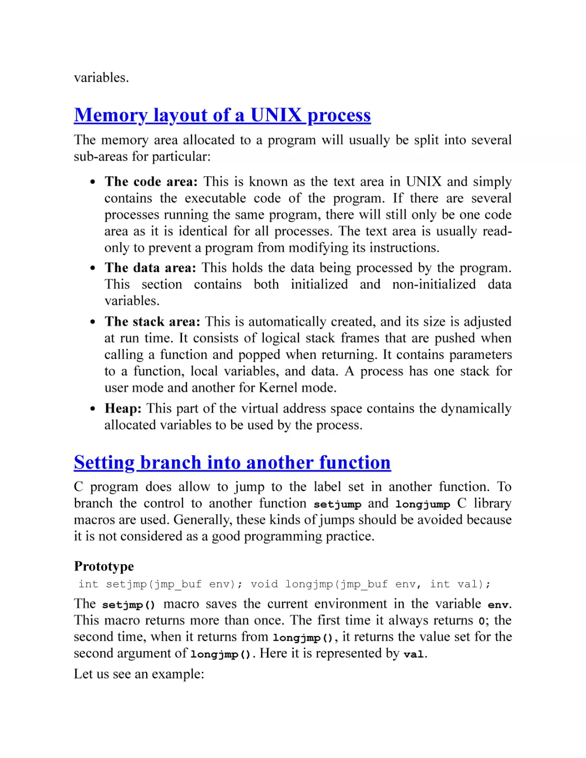 Memory layout of a UNIX process
Setting branch into another function