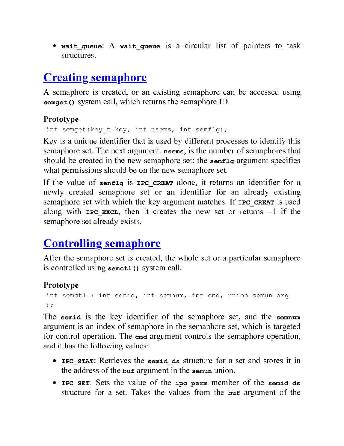 Creating semaphore
Controlling semaphore