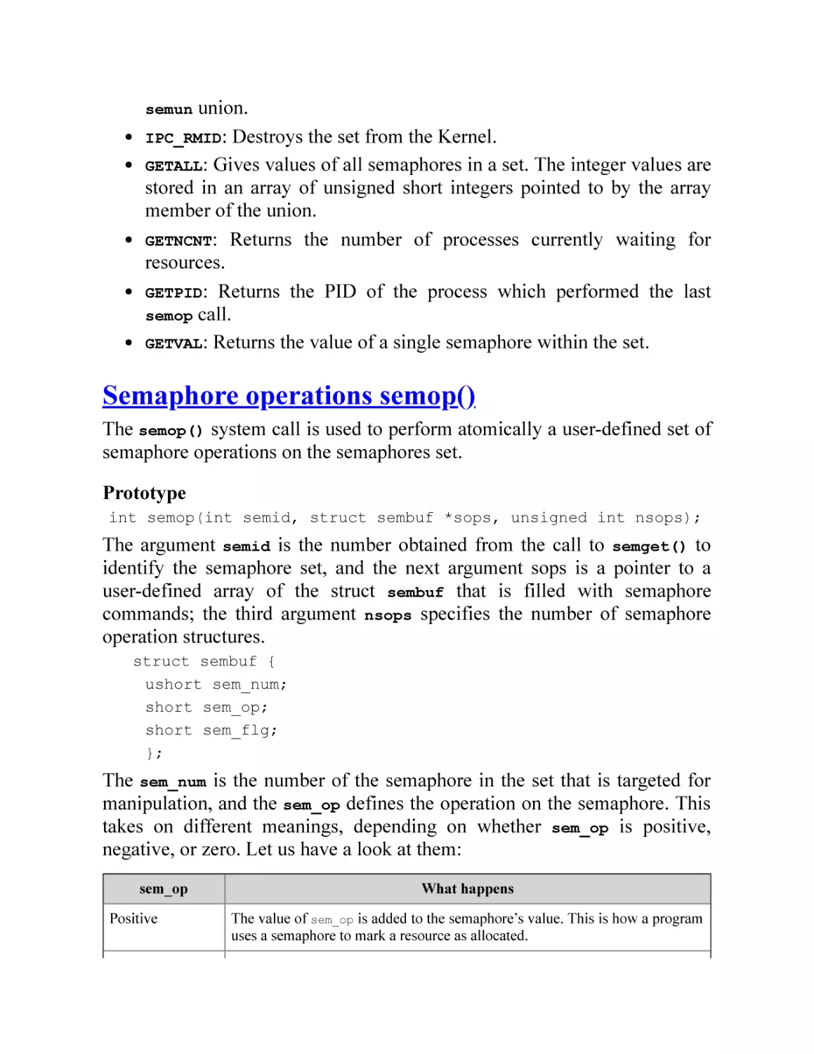 Semaphore operations semop()