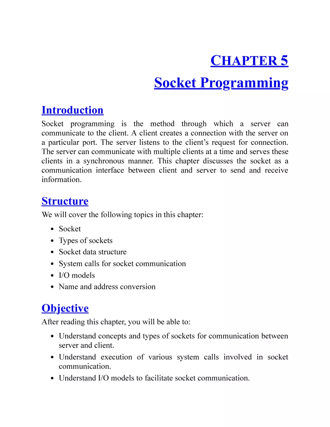 5. Socket Programming
Introduction
Structure
Objective