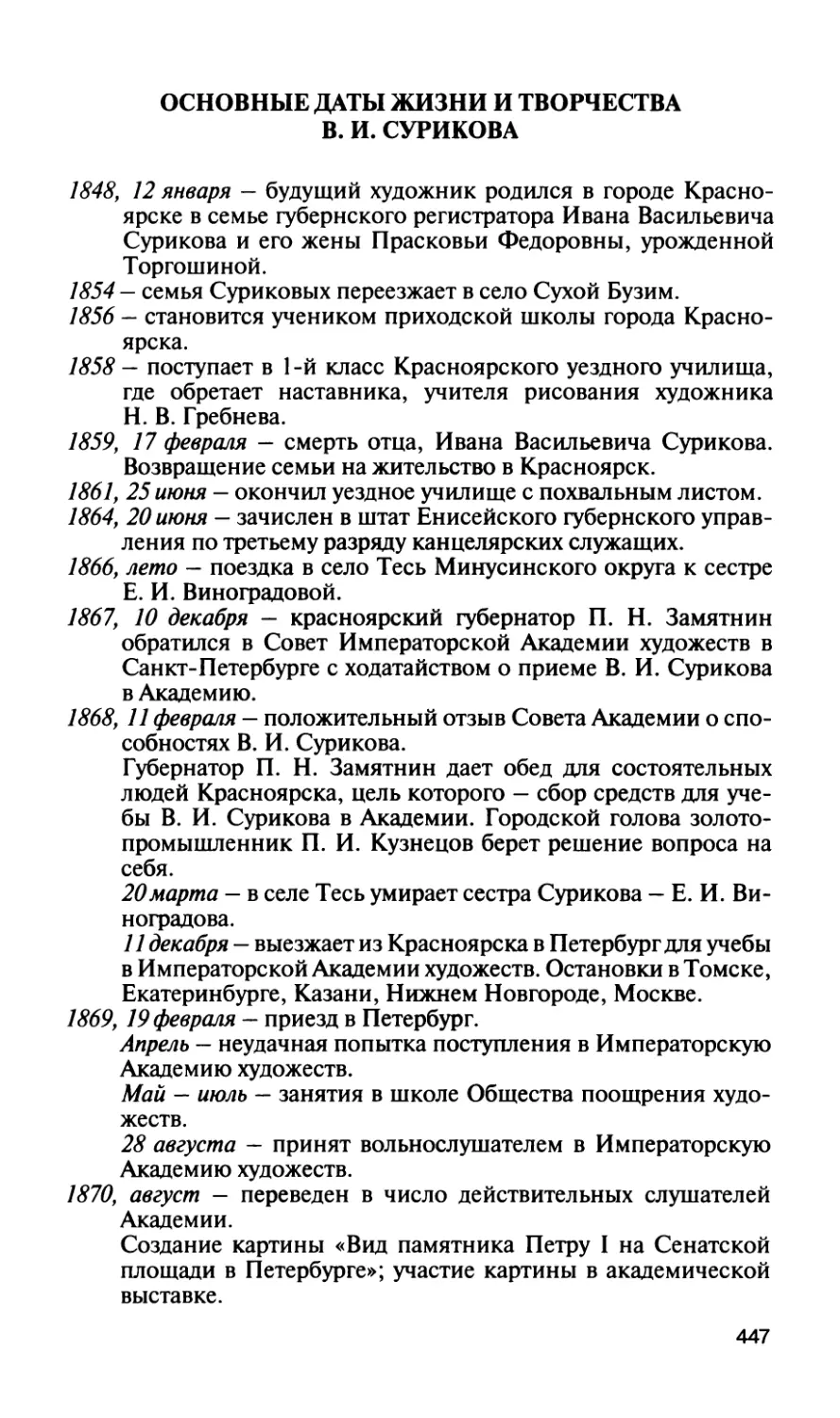 Основные даты жизни и творчества В. И. Сурикова