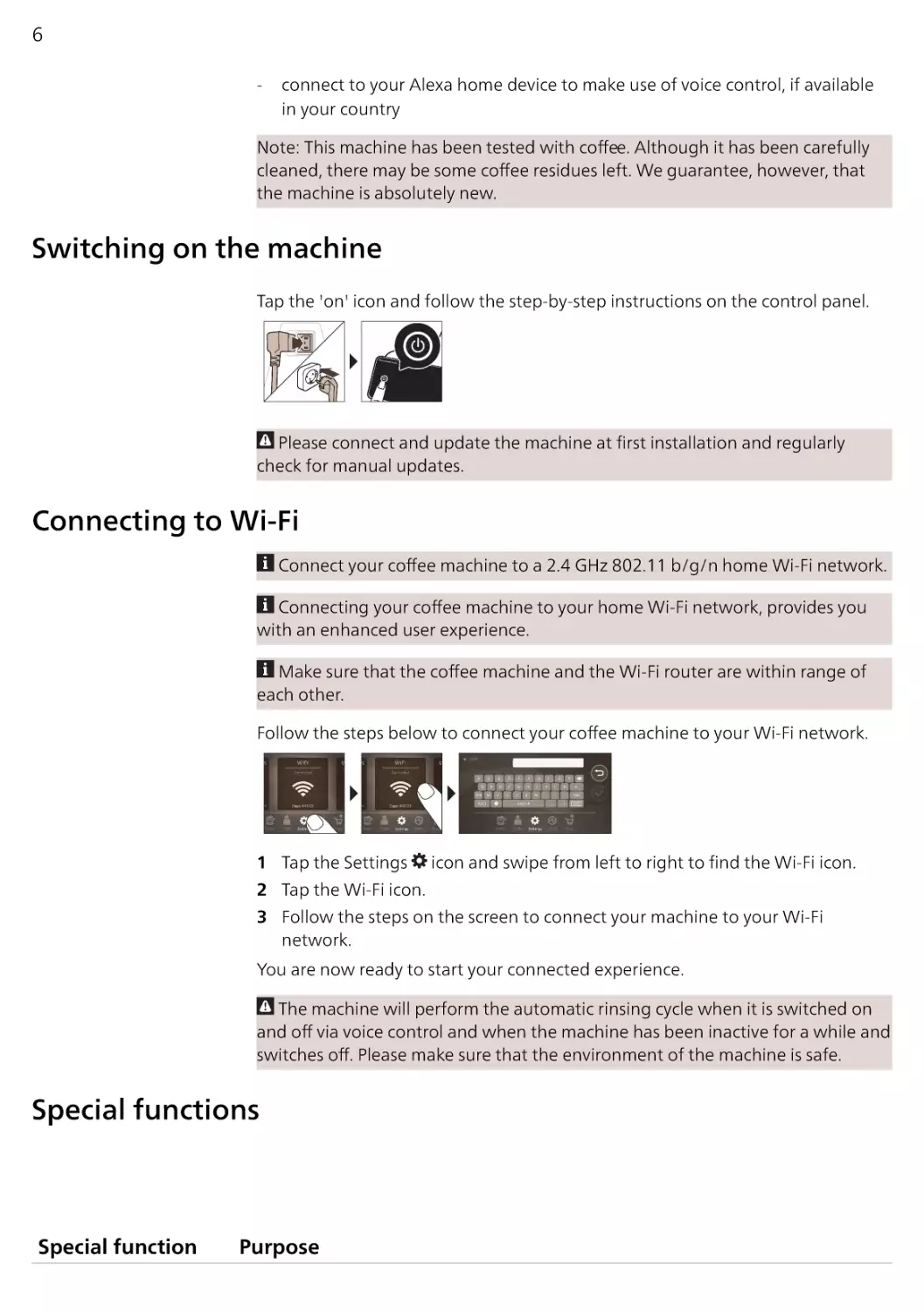 Switching on the machine
Connecting to Wi-Fi
Special functions