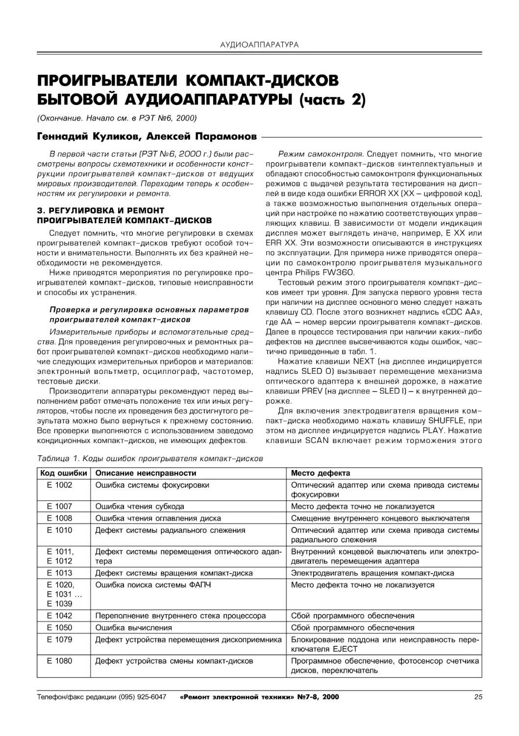 АУДИОАППАРАТУРА
Куликов Г., Парамонов А. Проигрыватели компакт-дисков бытовой аудиоаппаратуры (часть 2)