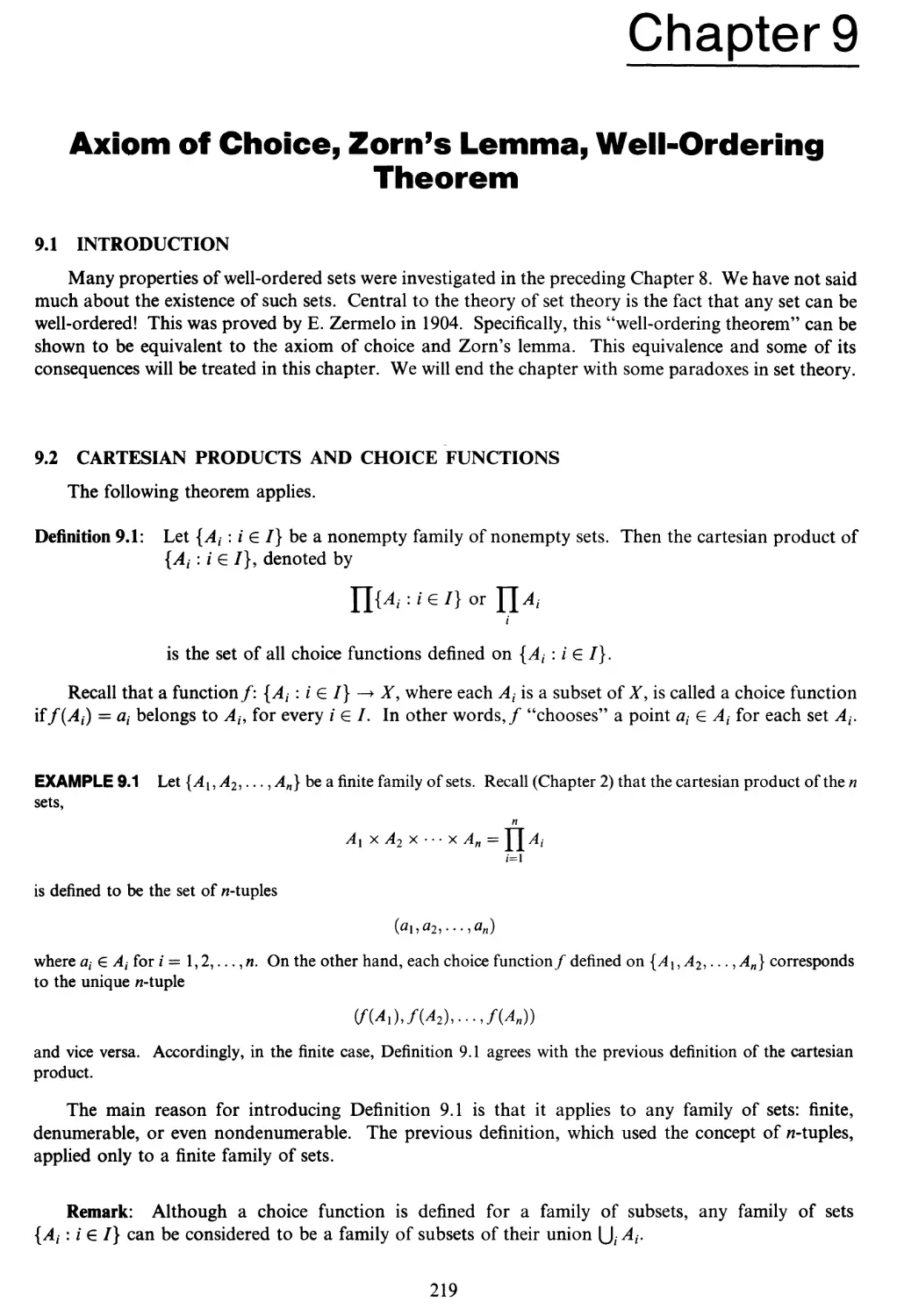 Chapter 9 AXIOM OF CHOICE, ZORN'S LEMMA, WELL-ORDERING THEOREM
9.2 Cartesian products and choice functions