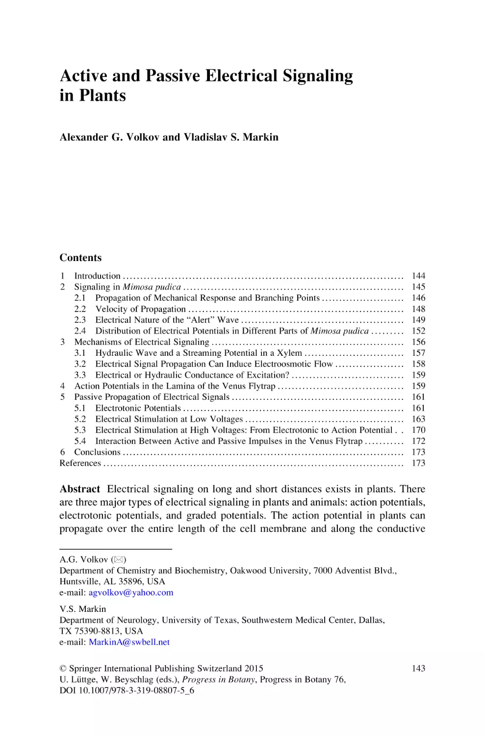 Active and Passive Electrical Signaling in Plants