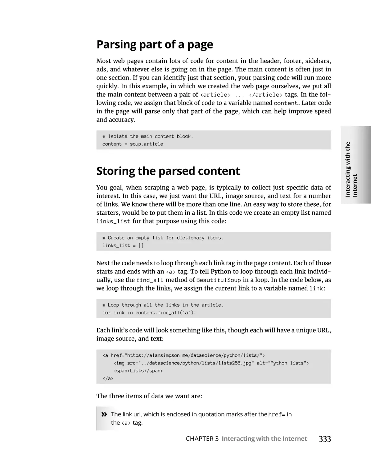 Parsing part of a page
Storing the parsed content
