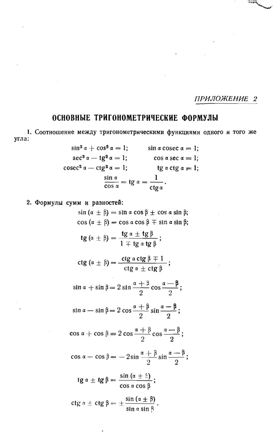 Приложение 2. Основные тригонометрические формулы