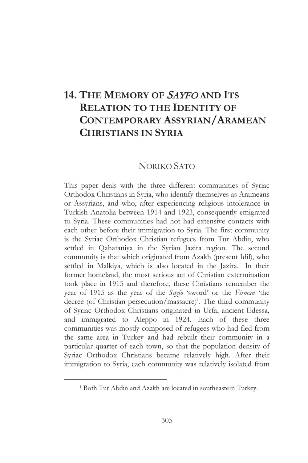 14. THE MEMORY OF SAYFO AND ITS RELATION TO THE IDENTITY OF CONTEMPORARY ASSYRIAN/ARAMEAN CHRISTIANS IN SYRIA