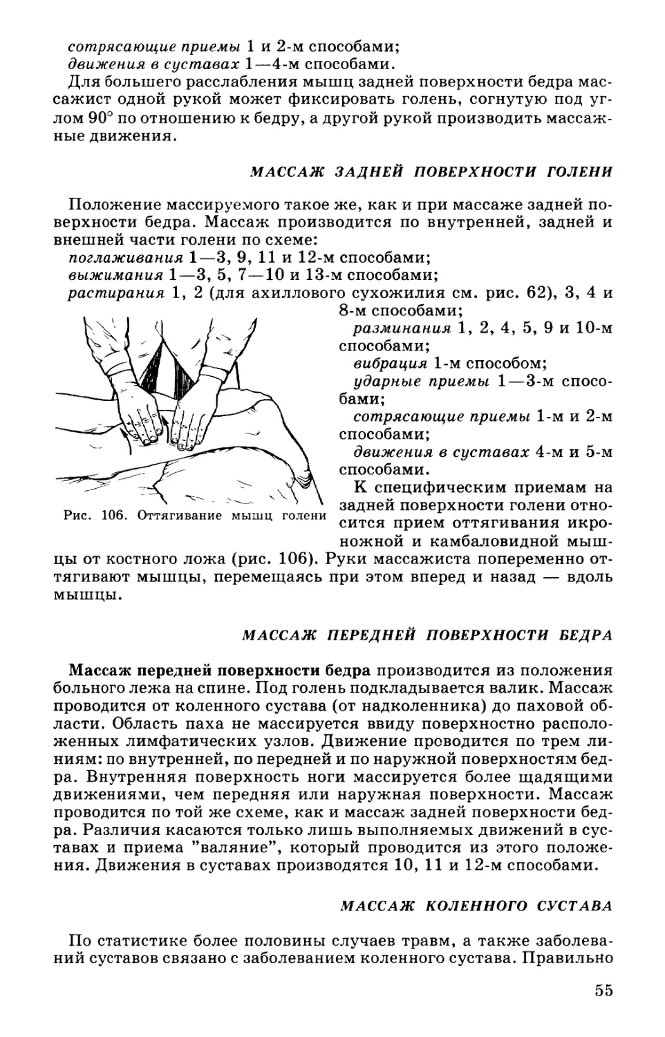 Массаж задней поверхности голени
Массаж передней поверхности бедра
Массаж коленного сустава