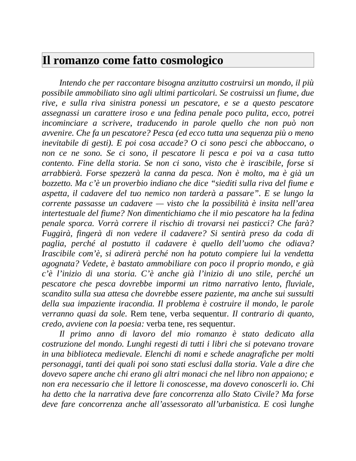 Il romanzo come fatto cosmologico