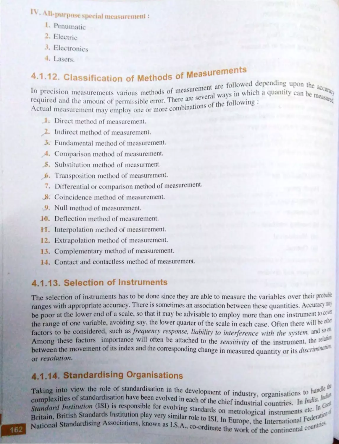4.1.12. Classification of Methods of Measurements
4.1.13. Selection of Instruments
4.1.14. Standardising Organisations