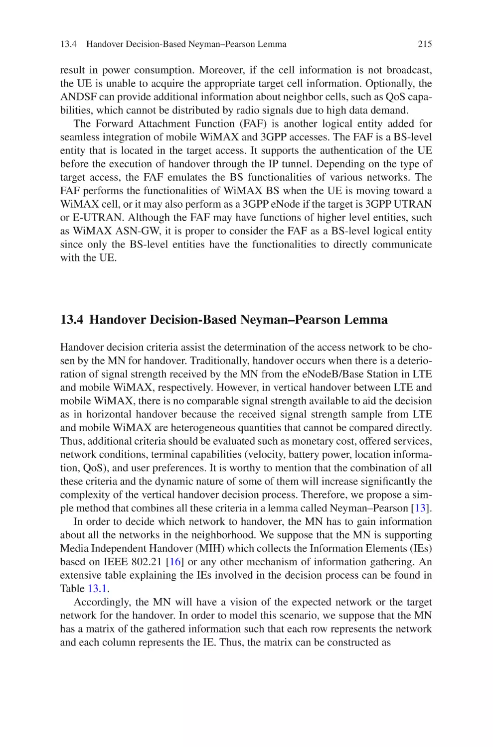13.4  Handover Decision-Based Neyman--Pearson Lemma