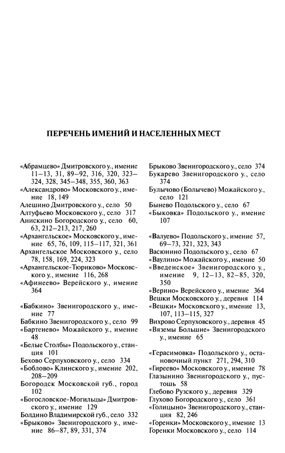 Перечень усадеб и населенных мест