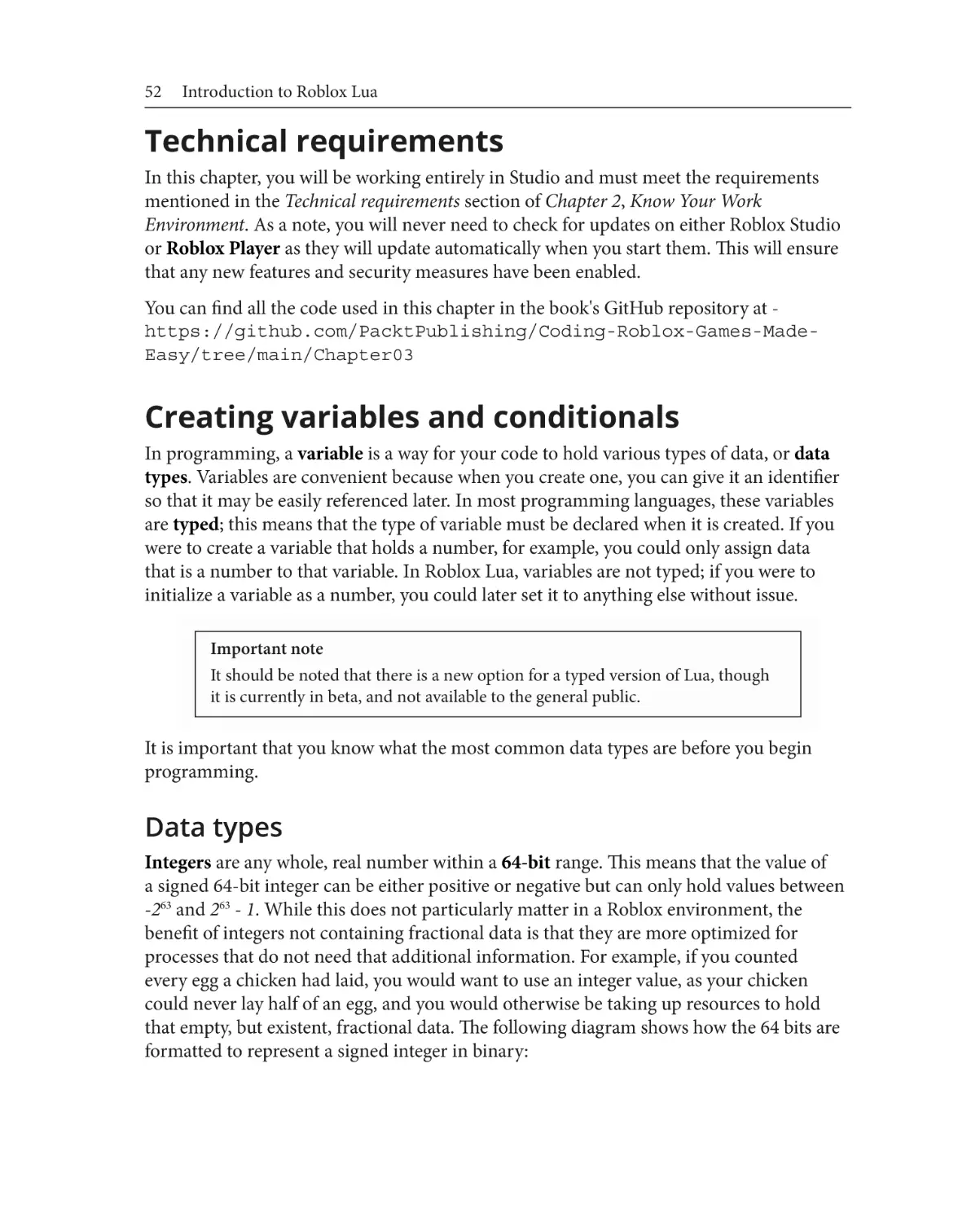 Technical requirements
Creating variables and conditionals
Data types